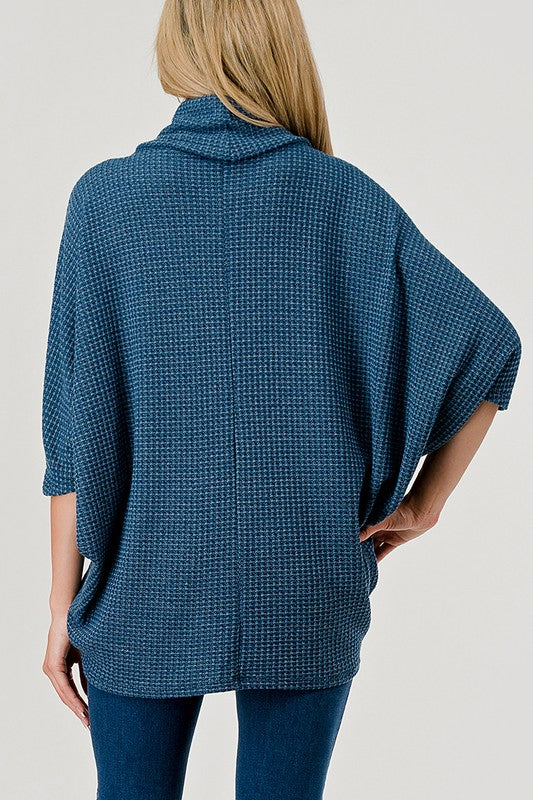 Natural Vibe Waffle Knit Cowl Neck Top (Teal)