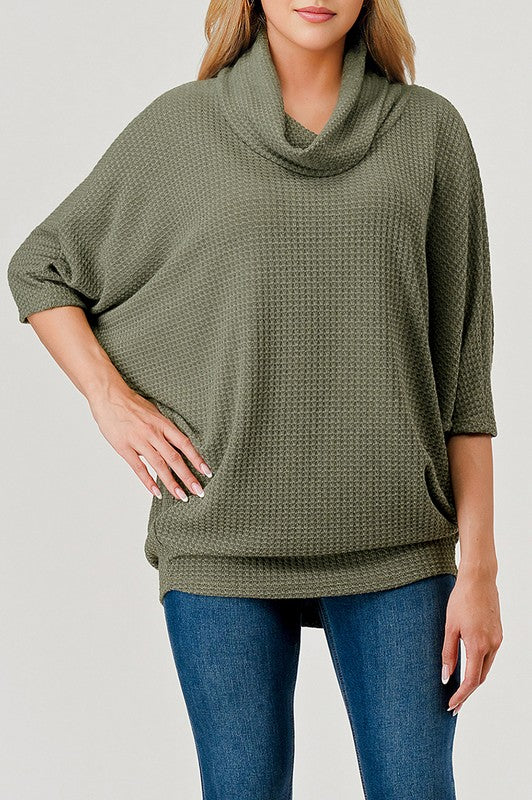 Natural Vibe Waffle Knit Cowl Neck Top (Olive)