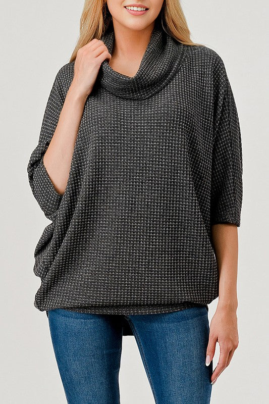 Natural Vibe Waffle Knit Cowl Neck Top (Charcoal)