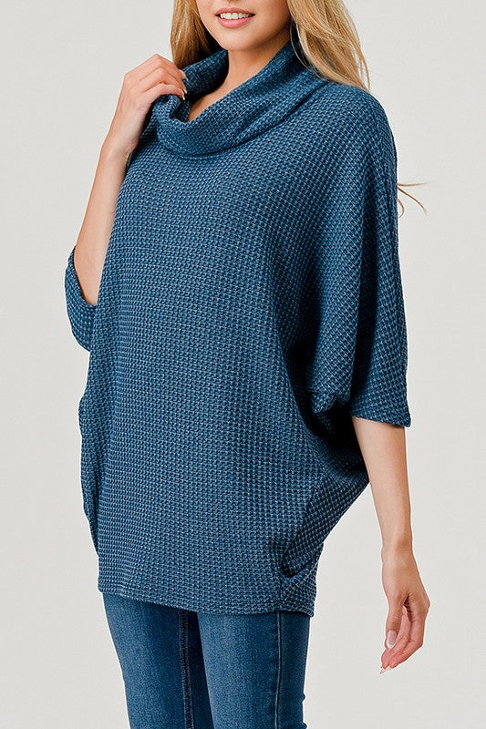 Natural Vibe Waffle Knit Cowl Neck Top (Teal)