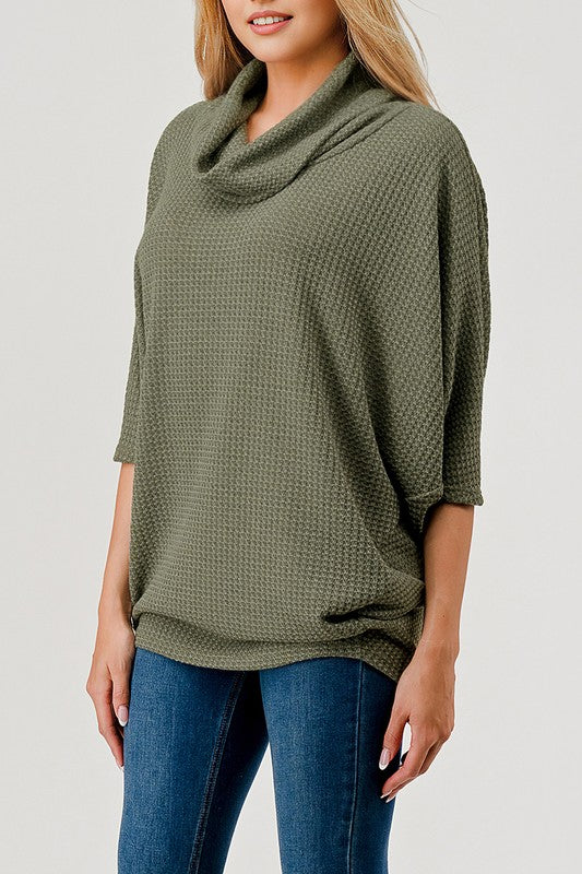 Natural Vibe Waffle Knit Cowl Neck Top (Olive)
