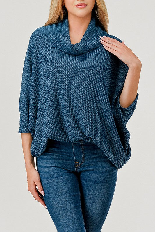 Natural Vibe Waffle Knit Cowl Neck Top (Teal)