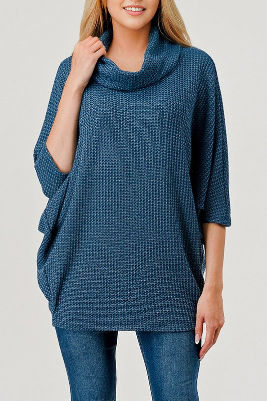 Natural Vibe Waffle Knit Cowl Neck Top (Teal)