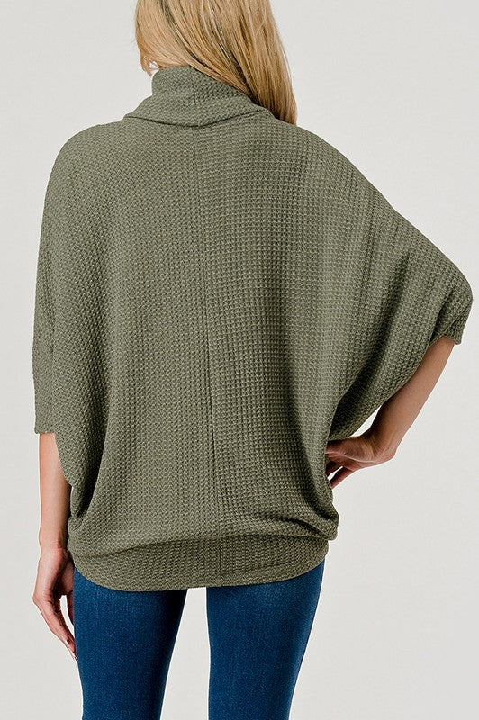 Natural Vibe Waffle Knit Cowl Neck Top (Olive)