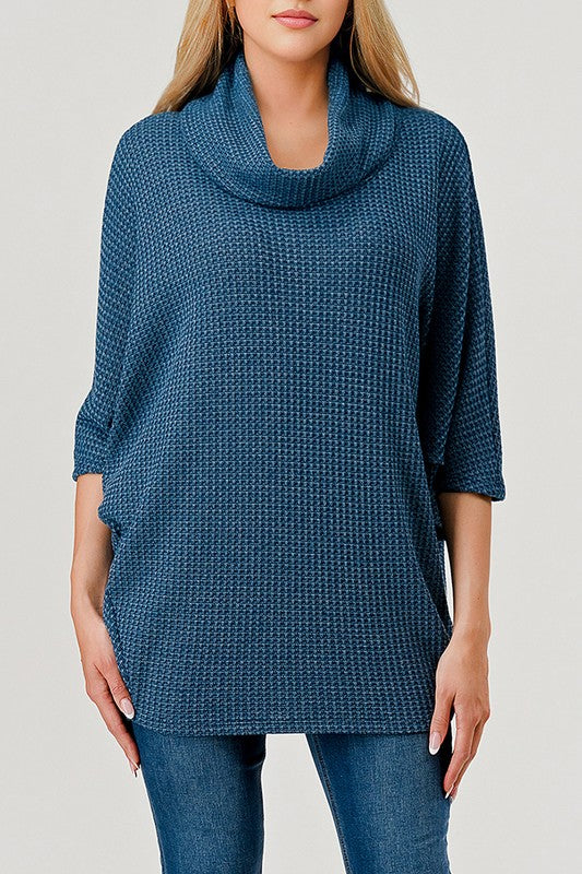 Natural Vibe Waffle Knit Cowl Neck Top (Teal)