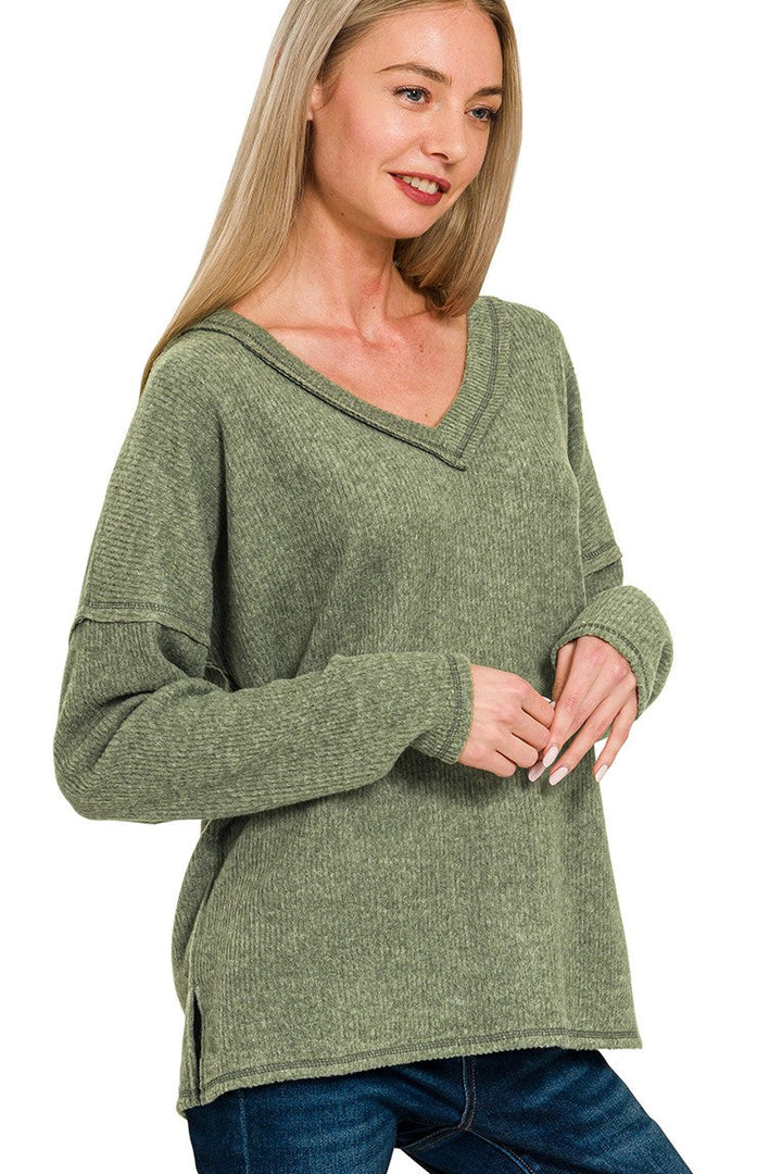 Zen Brushed V Neck Sweater (Olive)