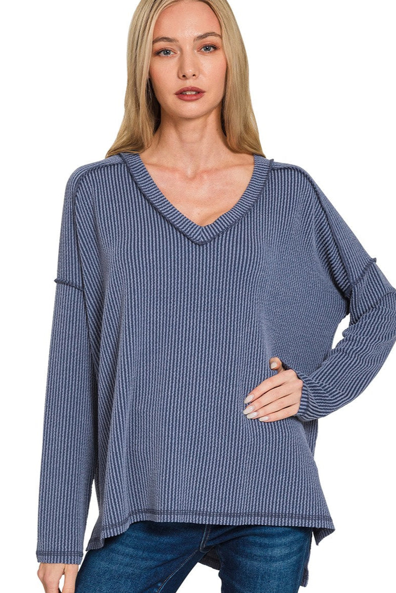 Zen Ribbed Long Sleeve Top (Navy)