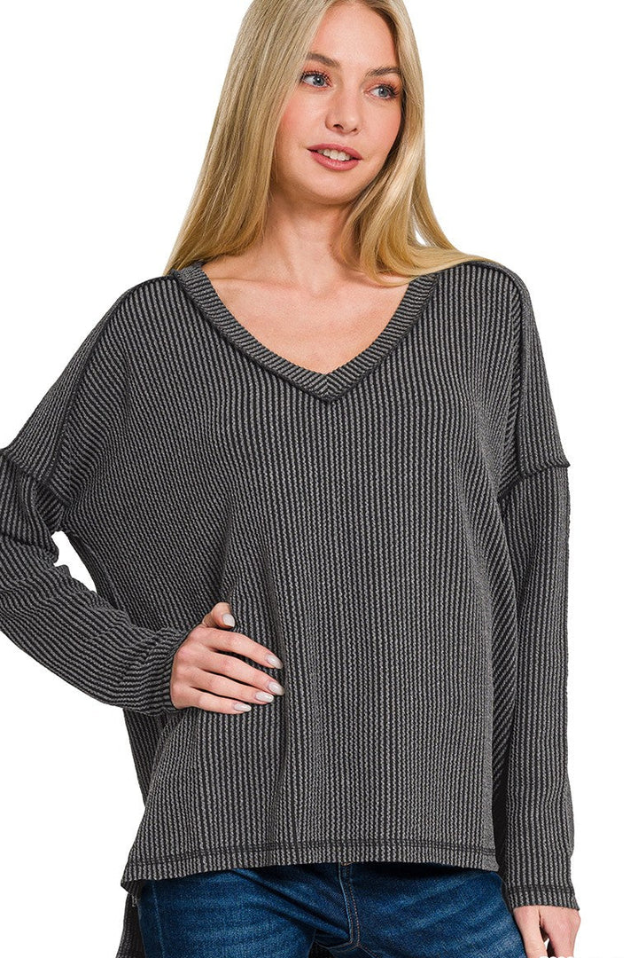 Zen Ribbed Long Sleeve Top (Charcoal)
