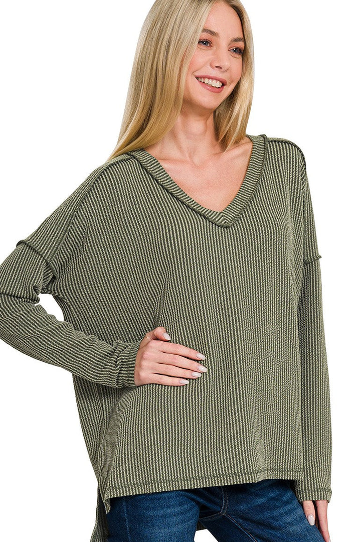 Zen Ribbed Long Sleeve Top (Dark Olive)