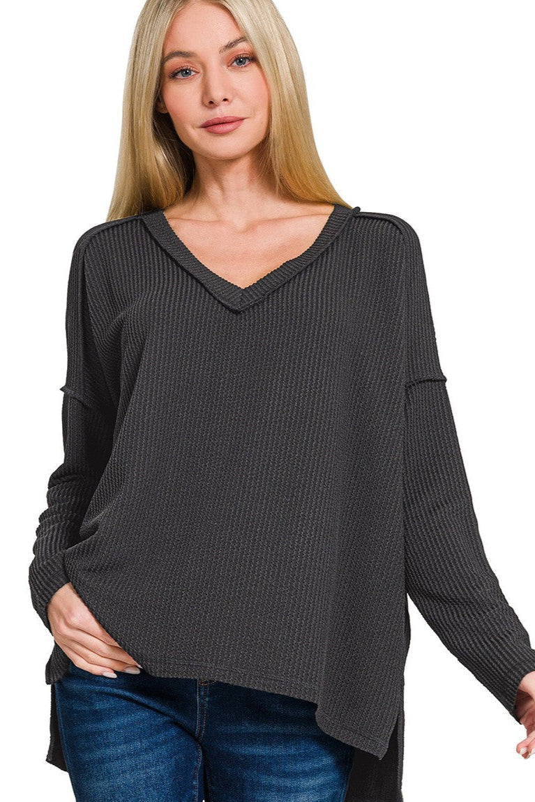 Zen Ribbed Long Sleeve Top (Black)