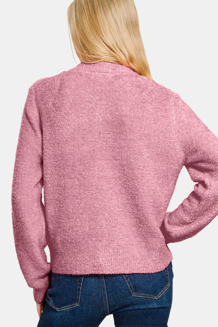 Zen Fuzzy Button Cardigan (Light Rose)