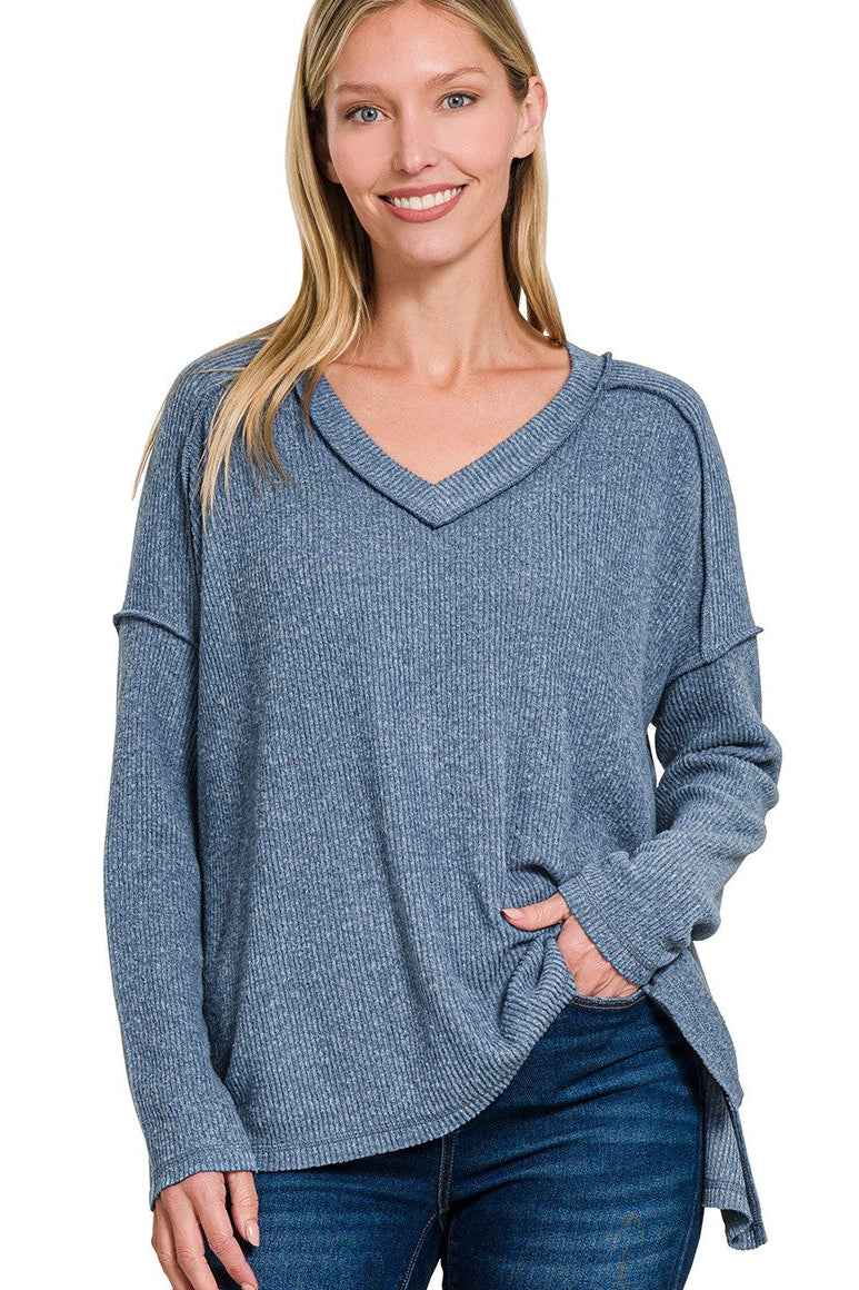 Zen Brushed V Neck Sweater (Dusty Blue)