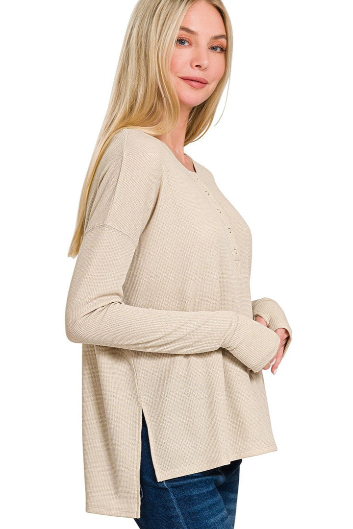 Zen Waffle Henley Top (Sand Beige)