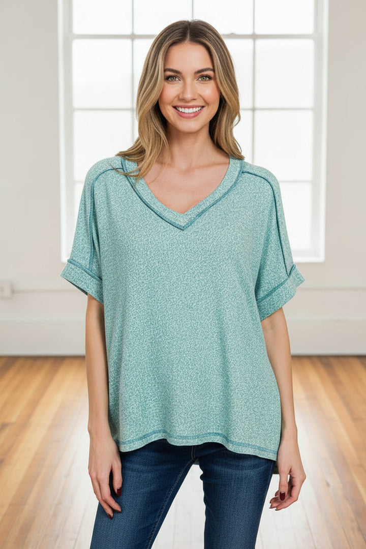 Zen Hacci Knit V Tee (Dusty Teal)