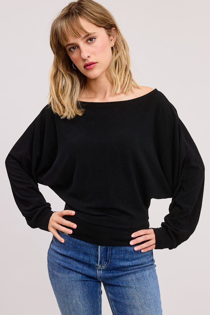 Jolie Crepe Knit Dolman Top (Black)