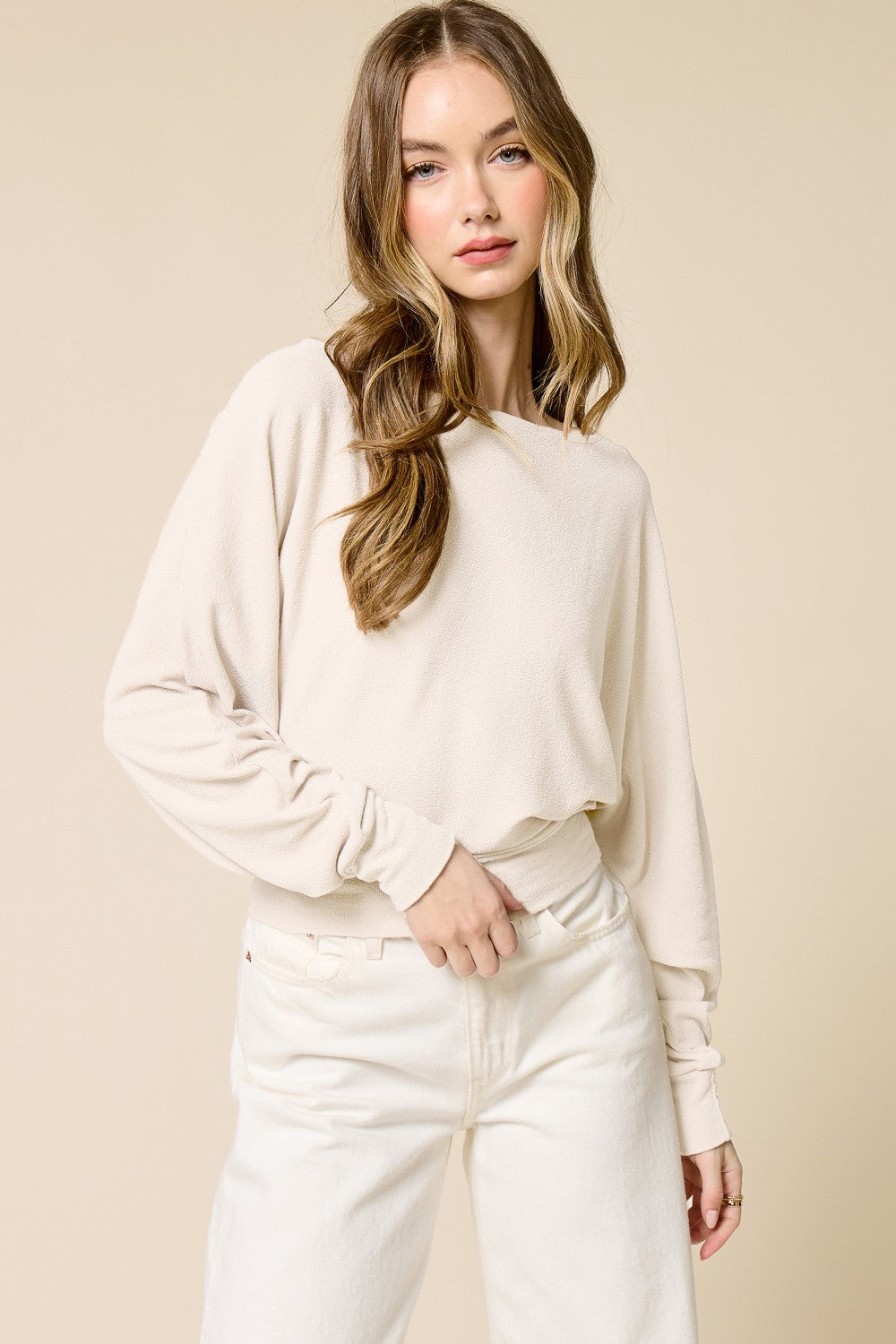 Jolie Crepe Knit Dolman Top (Pristine)