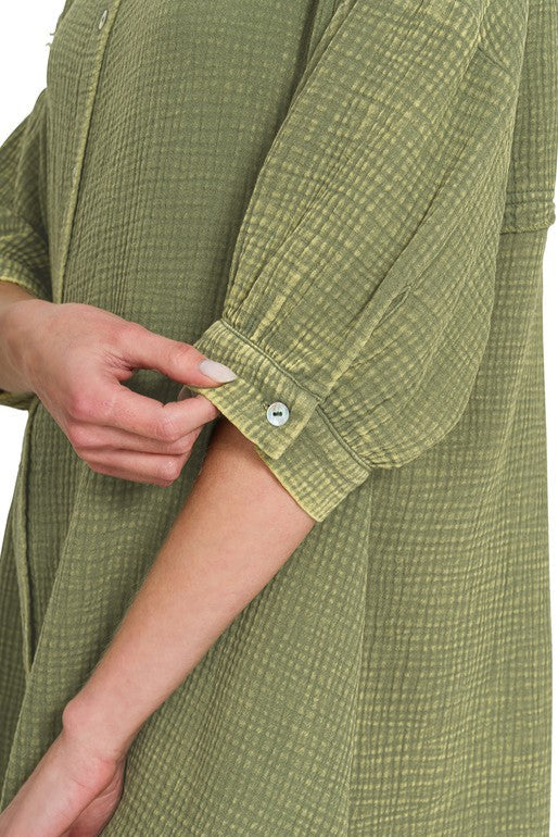 Zen Cotton Button Down Shirt Dress (Light Olive)