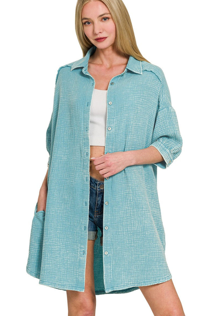 Zen Cotton Button Down Shirt Dress (Dusty Teal)