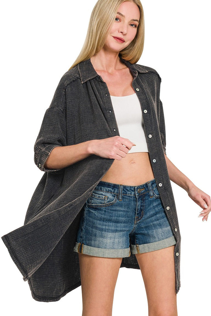 Zen Cotton Button Down Shirt Dress (Ash Black)