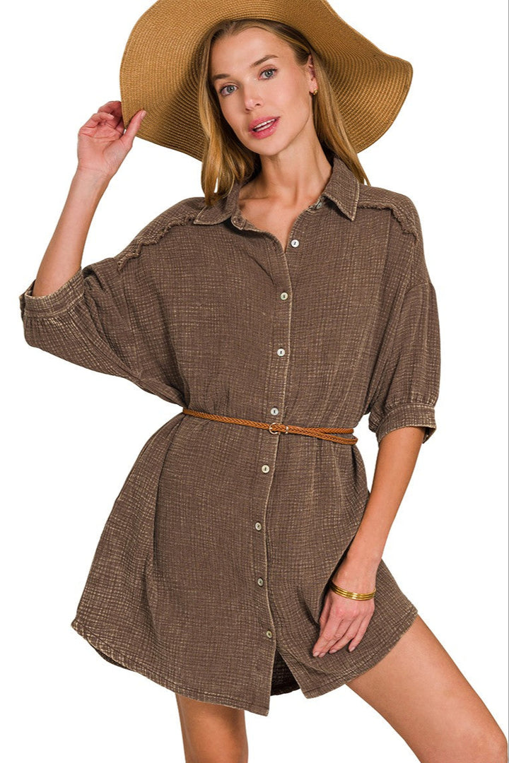 Zen Cotton Button Down Shirt Dress (Brown)