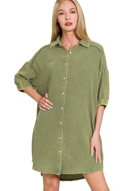 Zen Cotton Button Down Shirt Dress (Light Olive)