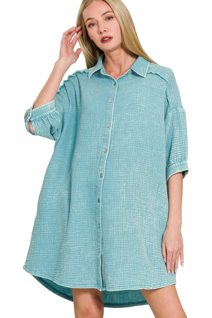 Zen Cotton Button Down Shirt Dress (Dusty Teal)