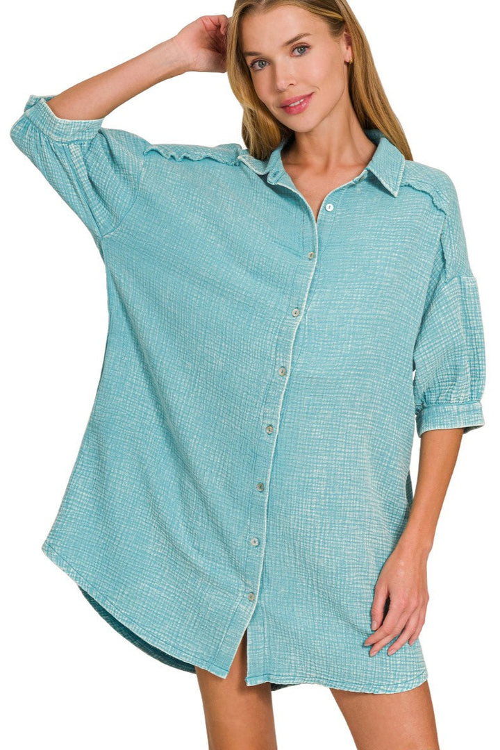 Zen Cotton Button Down Shirt Dress (Dusty Teal)