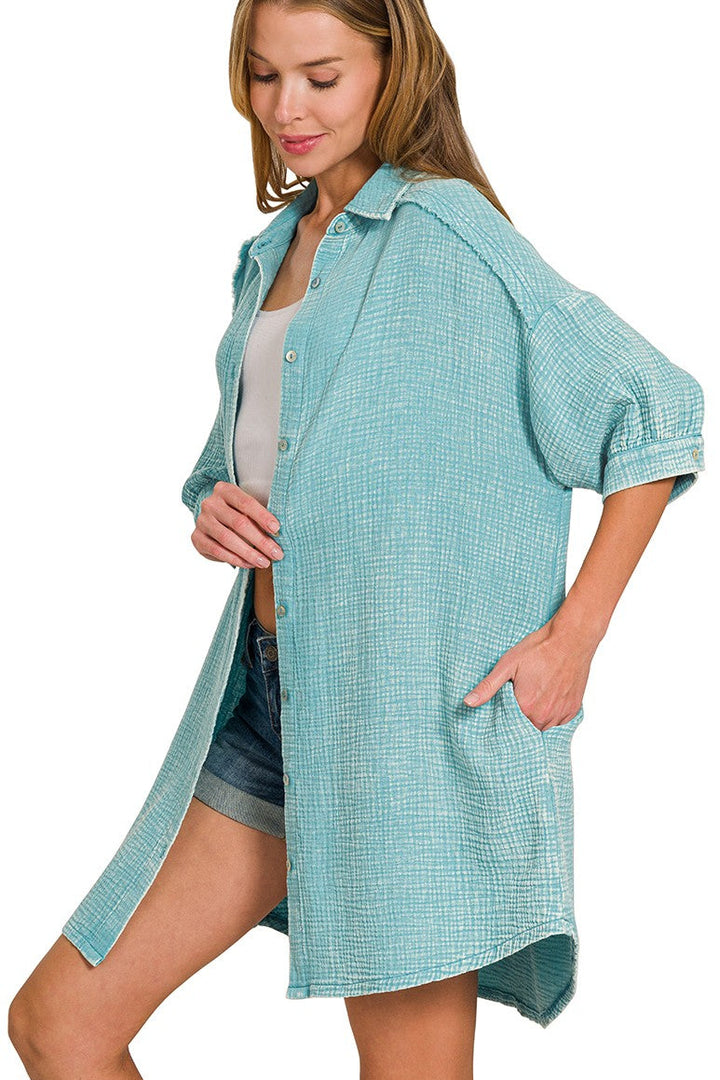 Zen Cotton Button Down Shirt Dress (Dusty Teal)
