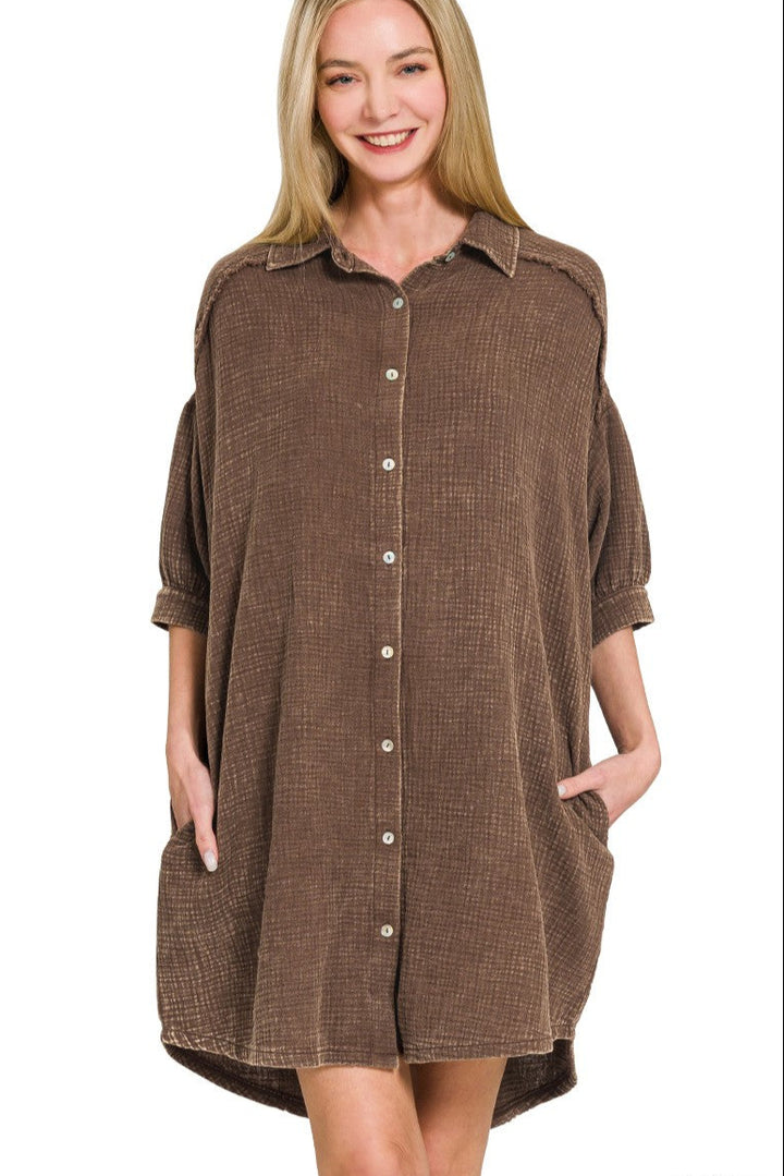 Zen Cotton Button Down Shirt Dress (Brown)