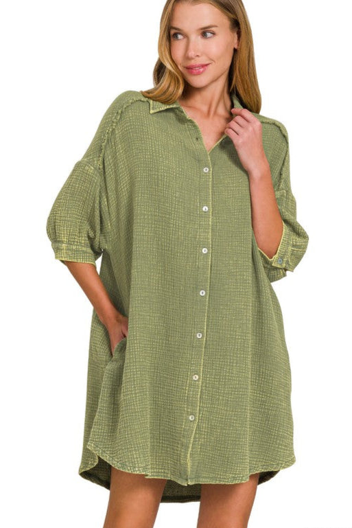 Zen Cotton Button Down Shirt Dress (Light Olive)