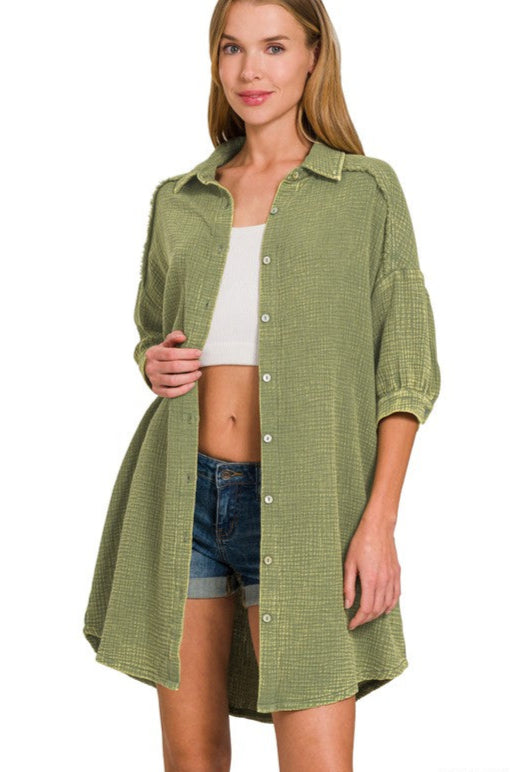 Zen Cotton Button Down Shirt Dress (Light Olive)