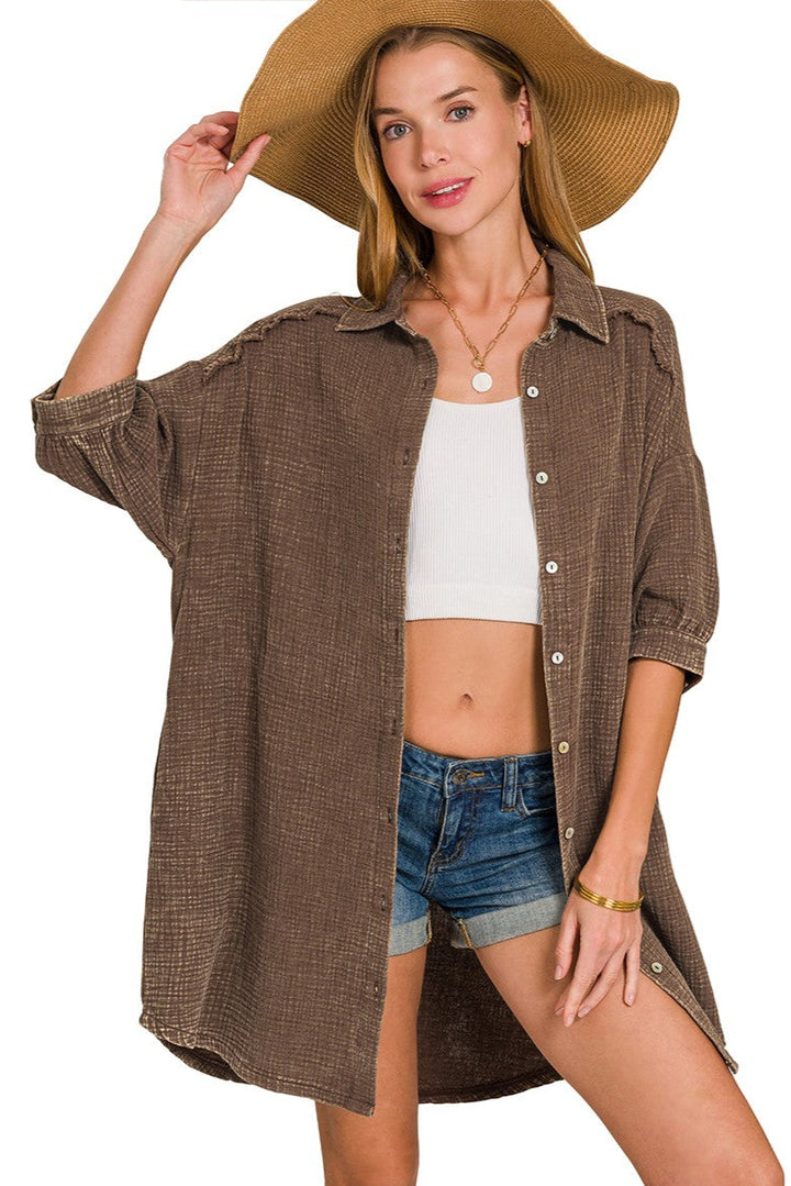 Zen Cotton Button Down Shirt Dress (Brown)