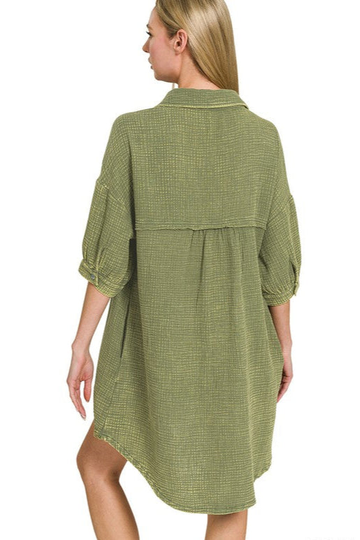 Zen Cotton Button Down Shirt Dress (Light Olive)
