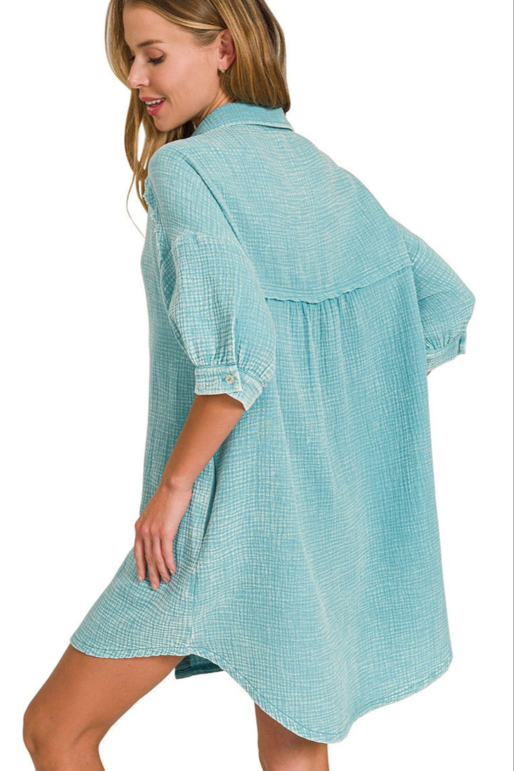 Zen Cotton Button Down Shirt Dress (Dusty Teal)