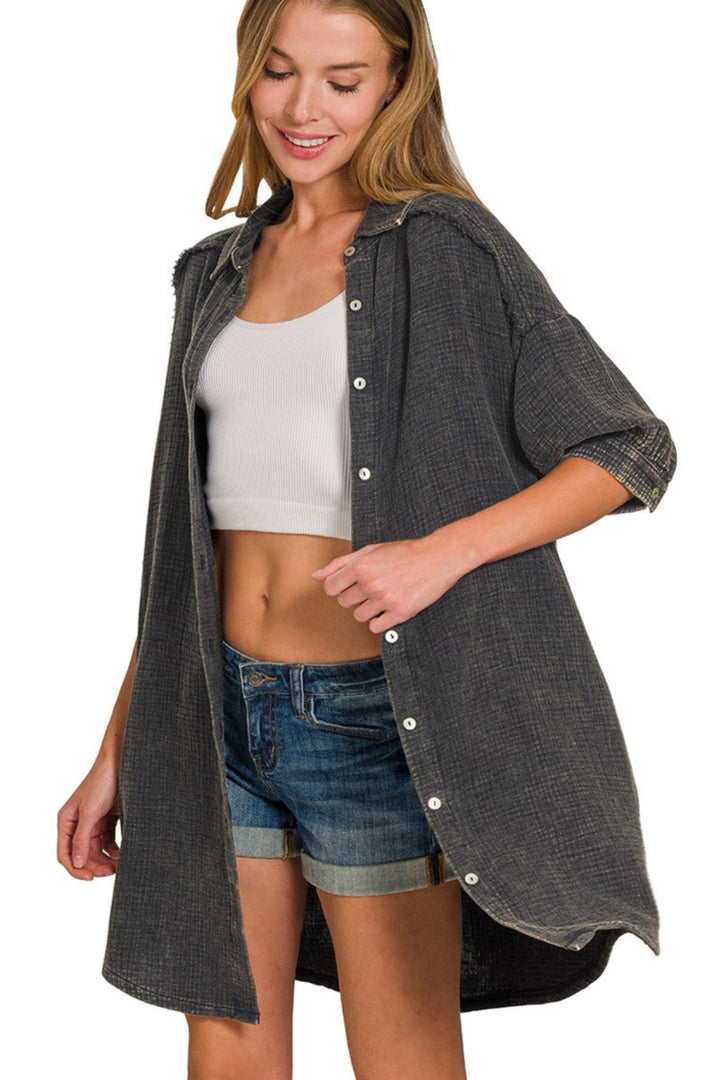 Zen Cotton Button Down Shirt Dress (Ash Black)