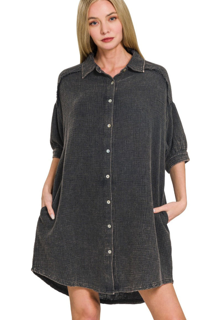 Zen Cotton Button Down Shirt Dress (Ash Black)
