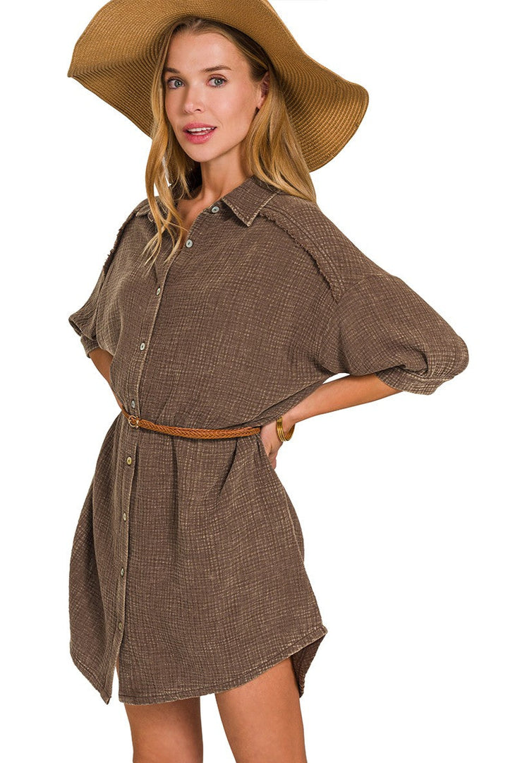 Zen Cotton Button Down Shirt Dress (Brown)