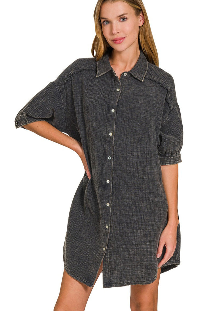 Zen Cotton Button Down Shirt Dress (Ash Black)