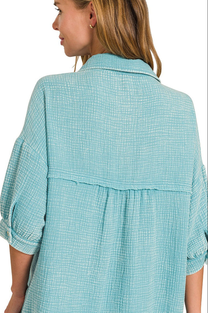 Zen Cotton Button Down Shirt Dress (Dusty Teal)