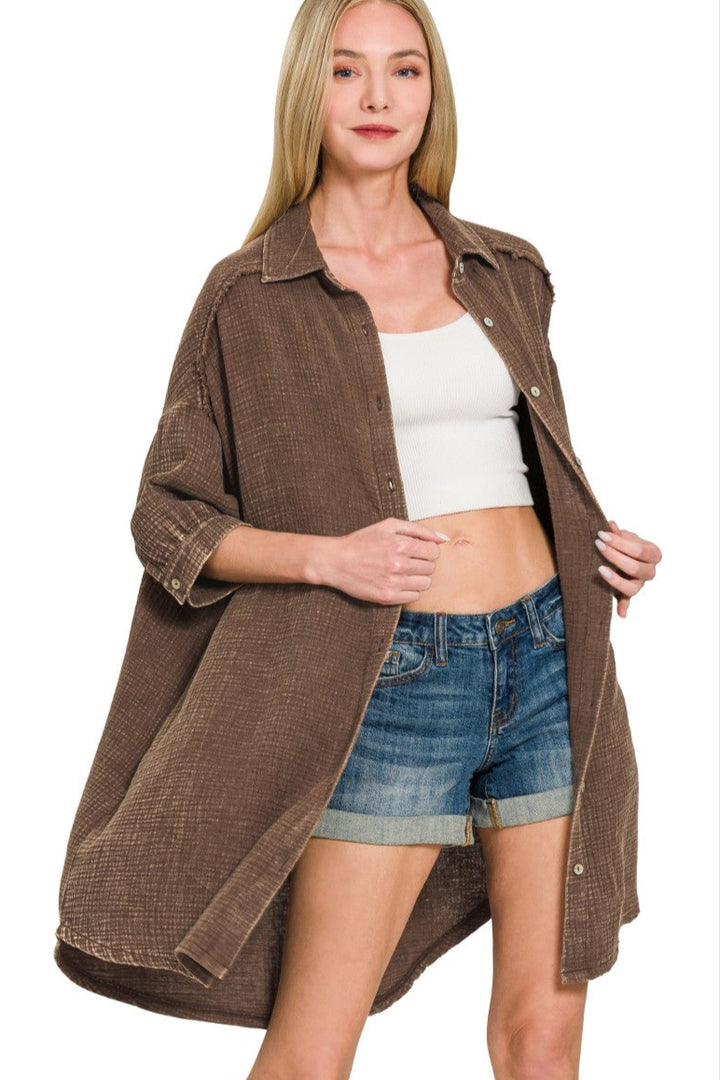 Zen Cotton Button Down Shirt Dress (Brown)