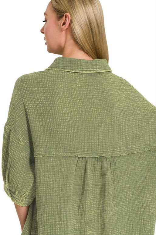 Zen Cotton Button Down Shirt Dress (Light Olive)
