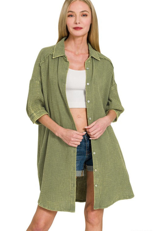 Zen Cotton Button Down Shirt Dress (Light Olive)