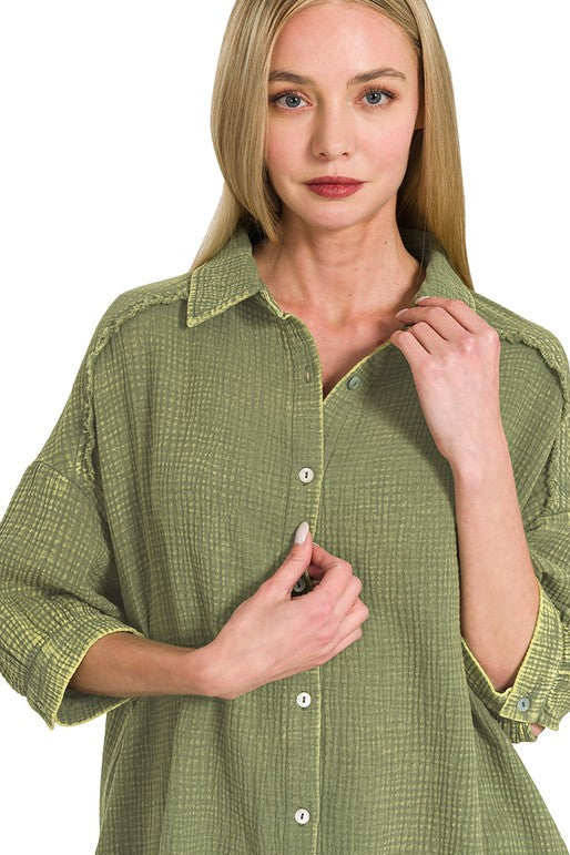 Zen Cotton Button Down Shirt Dress (Light Olive)