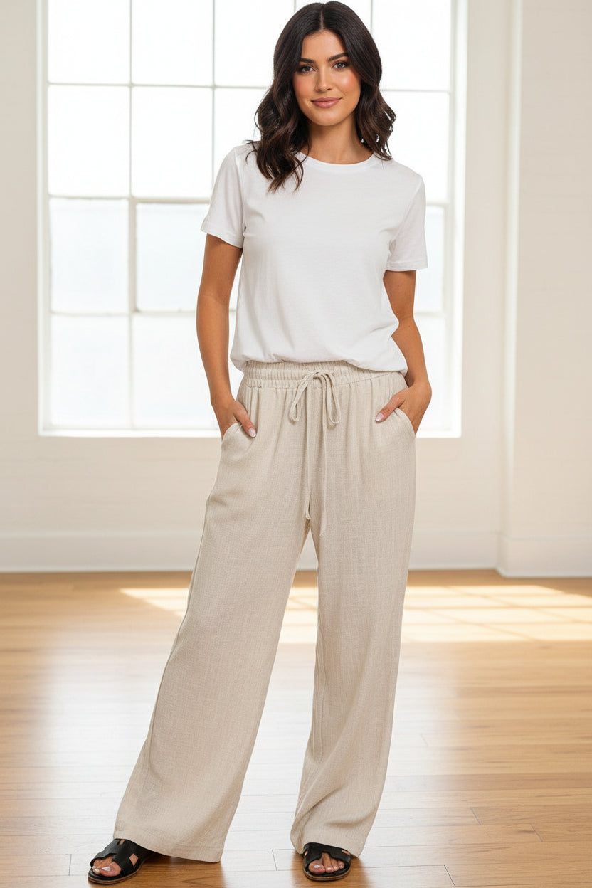 Zen Wide Leg Drawstring Pant (Sand Beige)