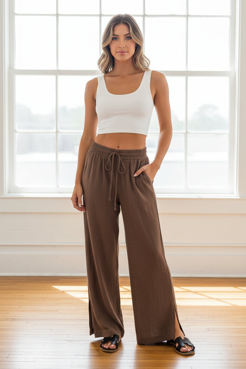 Zen Wide Leg Drawstring Pant (Brown)