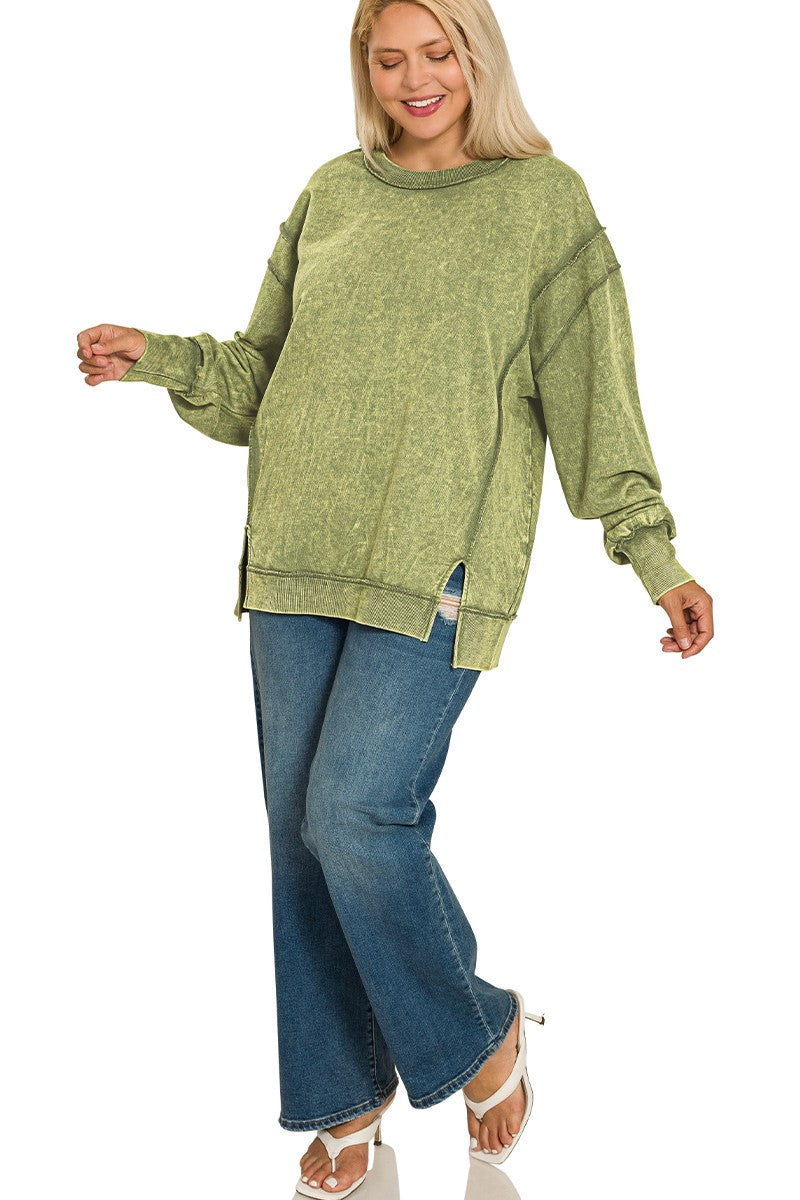 Zen Acid Wash Cotton Sweatshirt (Light Olive)