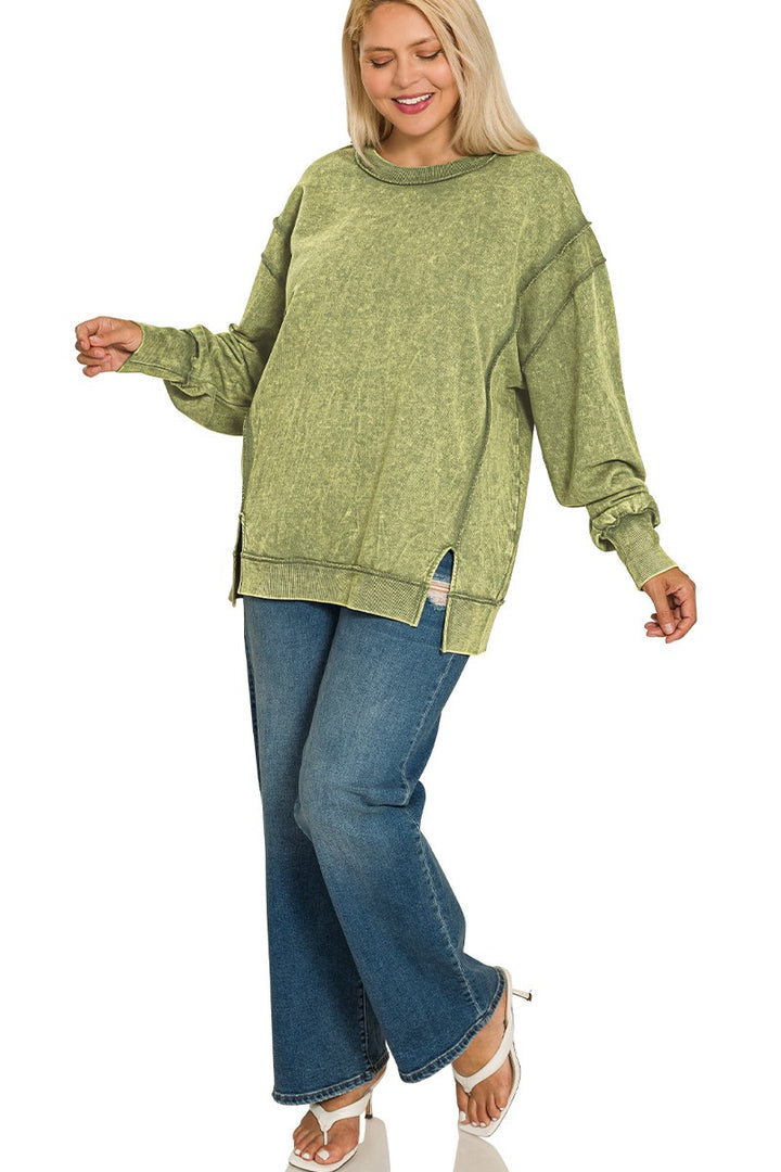 Zen Acid Wash Cotton Sweatshirt (Light Olive)
