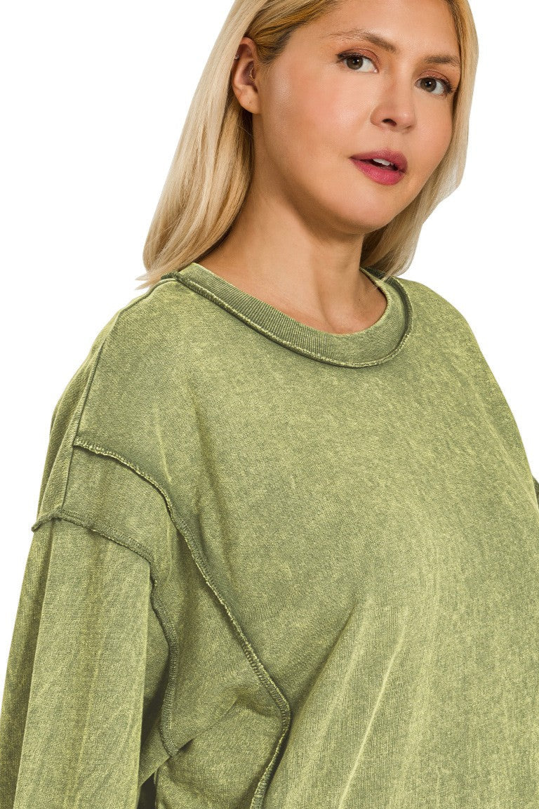 Zen Acid Wash Cotton Sweatshirt (Light Olive)