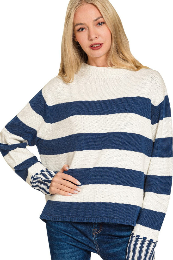 Zen Striped Cotton Sweater (Light Navy)