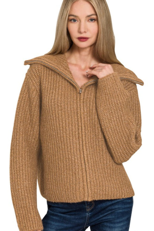 Zen Soft Hug Zip-Up Sweater (Deep Camel)